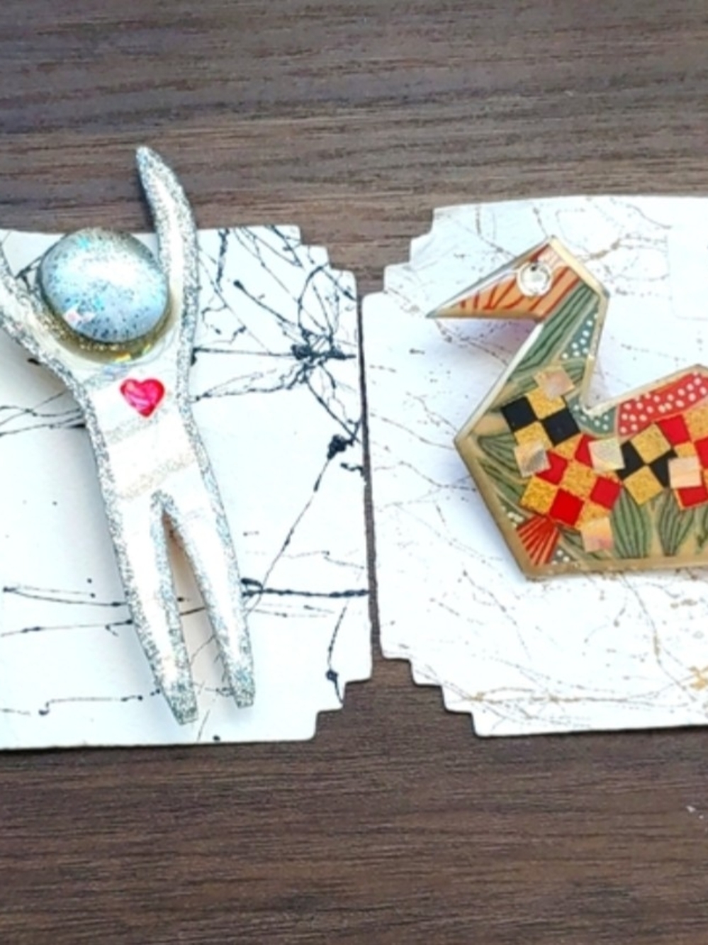 Japanese Silver Glitter Figure Pin & Colorful Origami Style Bird Brooch